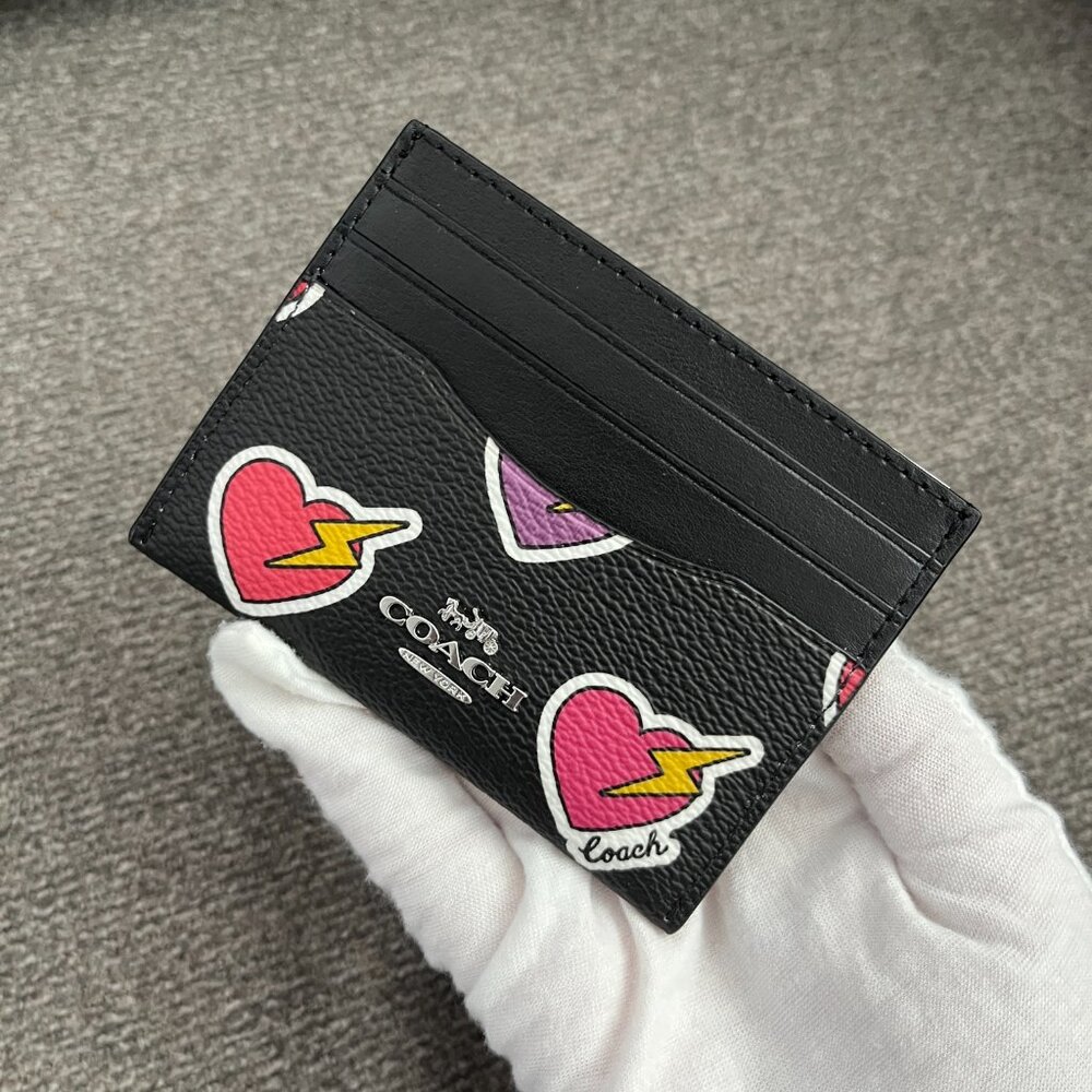 COACH CW922 Slim Id Card Case Heart Bolt Print Coated Canvas&Leather Black Multi
